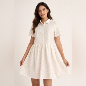 Aura White Textured Short-Sleeve Shirt Dress